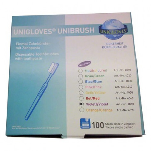 UNIBRUSH Einmal Zahnbürsten Box 100 Zahnbürsten violett