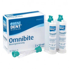 Omni (Omnibite), Harapásregisztráló, duplakartus, nem röntgenopak, Végkeménység Shore A 50, A-szilikon (VPS) 12 keverőkanül, 2 x 50 ml