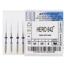 Hero 642 (25 mm) (6 %) (ISO 30), Gyökércsatorna reszelő (gépi), Könyökdarab (CA, Ø 2,35 mm, ISO 204) ISO 30 forgó, ISO színkódolt, Nikkel-titán, 25 mm, 6 darab