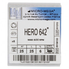 Hero 642 (25 mm) (6 %) (ISO 25), Gyökércsatorna reszelő (gépi), Könyökdarab (CA, Ø 2,35 mm, ISO 204) ISO 25 forgó, ISO színkódolt, Nikkel-titán, 25 mm, 6 darab
