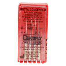 Gutta Condensor, (21 mm) (ISO 25), Guttapercha kondenzor, Könyökdarab (CA, Ø 2,35 mm, ISO 204) ISO 25 forgó, ISO színkódolt, Nemesacél, 21 mm, 4 darab