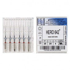 Hero 642 (25 mm) (4 %) (ISO 25), Gyökércsatorna reszelő (gépi), Könyökdarab (CA, Ø 2,35 mm, ISO 204) ISO 25 forgó, ISO színkódolt, Nikkel-titán, 25 mm, 6 darab