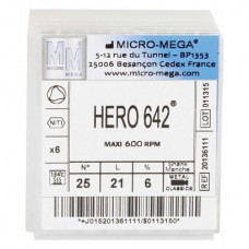 Hero 642 (21 mm) (6 %) (ISO 25), Gyökércsatorna reszelő (gépi), Könyökdarab (CA, Ø 2,35 mm, ISO 204) ISO 25 forgó, ISO színkódolt, Nikkel-titán, 21 mm, 6 darab