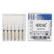 Hero 642 (21 mm) (6 %) (ISO 20), Gyökércsatorna reszelő (gépi), Könyökdarab (CA, Ø 2,35 mm, ISO 204) ISO 20 forgó, ISO színkódolt, Nikkel-titán, 21 mm, 6 darab