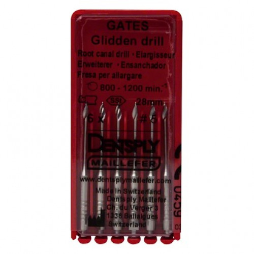 Gates Glidden Drill (5), Gyökércsatorna tágító (Gates), Könyökdarab (CA, Ø 2,35 mm, ISO 204) ISO 130 forgó, ISO színkódolt, Nemesacél, 15 - 28 mm, 6 darab