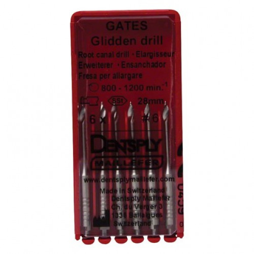 Gates Glidden Drill (6), Gyökércsatorna tágító (Gates), Könyökdarab (CA, Ø 2,35 mm, ISO 204) ISO 150 forgó, ISO színkódolt, Nemesacél, 15 - 28 mm, 6 darab