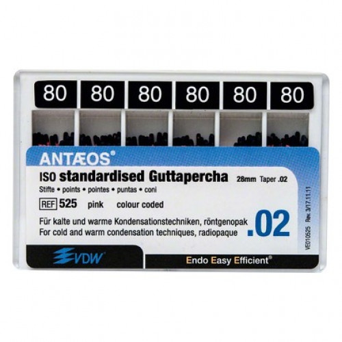Guttapercha-csúcs (#525) (28 mm) (2 %) (ISO 80), ISO 80 rózsaszín, röntgenopák, Guttapercha, 28 mm, 120 darab