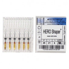 Hero Shaper ( Classics ) (21 mm) (6 %) (ISO 25), Gyökércsatorna reszelő (gépi), Könyökdarab (CA, Ø 2,35 mm, ISO 204) ISO 25 forgó, ISO színkódolt, Nikkel-titán, 21 mm, 6 darab