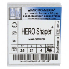 Hero Shaper ( Classics ) (21 mm) (4 %) (ISO 25), Gyökércsatorna reszelő (gépi), Könyökdarab (CA, Ø 2,35 mm, ISO 204) ISO 25 forgó, ISO színkódolt, Nikkel-titán, 21 mm, 6 darab