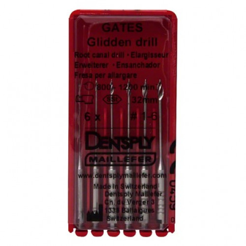 Gates Glidden Drill (1-6), Gyökércsatorna tágító (Gates), Könyökdarab (CA, Ø 2,35 mm, ISO 204) ISO 50-150 forgó, ISO színkódolt, Nemesacél, 19 - 32 mm, 6x1 darab