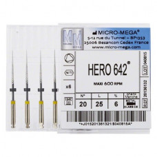 Hero 642 (25 mm) (6 %) (ISO 20), Gyökércsatorna reszelő (gépi), Könyökdarab (CA, Ø 2,35 mm, ISO 204) ISO 20 forgó, ISO színkódolt, Nikkel-titán, 25 mm, 6 darab