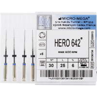 Hero 642 (21 mm) (2 %) (ISO 25), Gyökércsatorna reszelő (gépi), Könyökdarab (CA, Ø 2,35 mm, ISO 204) ISO 25 forgó, ISO színkódolt, Nikkel-titán, 21 mm, 6 darab