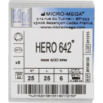 Hero 642 (25 mm) (6 %) (ISO 25), Gyökércsatorna reszelő (gépi), Könyökdarab (CA, Ø 2,35 mm, ISO 204) ISO 25 forgó, ISO színkódolt, Nikkel-titán, 25 mm, 6 darab