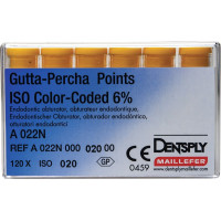 Guttapercha-csúcs (30 mm) (6 %) (ISO 20), ISO 20 világossárga, Guttapercha, 30 mm, 120 darab Guttapercha-csúcs (30 mm) (6 %) (ISO 20), ISO 20 világossárga, Guttapercha, 30 mm, 120 darab