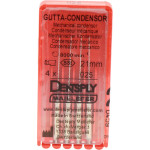 Gutta Condensor, (21 mm) (ISO 25), Guttapercha kondenzor, Könyökdarab (CA, Ø 2,35 mm, ISO 204) ISO 25 forgó, ISO színkódolt, Nemesacél, 21 mm, 4 darab