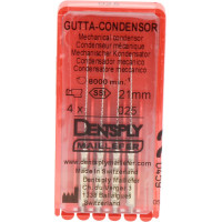 Gutta Condensor, (21 mm) (ISO 25), Guttapercha kondenzor, Könyökdarab (CA, Ø 2,35 mm, ISO 204) ISO 25 forgó, ISO színkódolt, Nemesacél, 21 mm, 4 darab