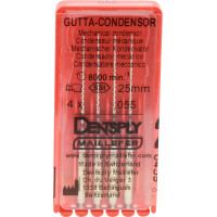 Gutta Condensor (25 mm) (ISO 55), Guttapercha kondenzor, Könyökdarab (CA, Ø 2,35 mm, ISO 204) ISO 55 forgó, ISO színkódolt, Nemesacél, 25 mm, 4 darab