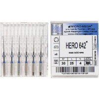 Hero 642 (25 mm) (4 %) (ISO 30), Gyökércsatorna reszelő (gépi), Könyökdarab (CA, Ø 2,35 mm, ISO 204) ISO 30 forgó, ISO színkódolt, Nikkel-titán, 25 mm, 6 darab