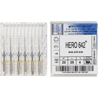 Hero 642 (25 mm) (4 %) (ISO 20), Gyökércsatorna reszelő (gépi), Könyökdarab (CA, Ø 2,35 mm, ISO 204) ISO 20 forgó, ISO színkódolt, Nikkel-titán, 25 mm, 6 darab