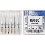 Hero 642 (25 mm) (4 %) (ISO 25), Gyökércsatorna reszelő (gépi), Könyökdarab (CA, Ø 2,35 mm, ISO 204) ISO 25 forgó, ISO színkódolt, Nikkel-titán, 25 mm, 6 darab