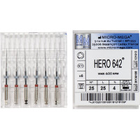 Hero 642 (25 mm) (4 %) (ISO 25), Gyökércsatorna reszelő (gépi), Könyökdarab (CA, Ø 2,35 mm, ISO 204) ISO 25 forgó, ISO színkódolt, Nikkel-titán, 25 mm, 6 darab