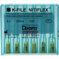 Nitiflex (25 mm) (ISO 20), Gyökércsatorna reszelő (kézzel), Fogantyú - műanyag ISO 20 ISO színkódolt, Nikkel-titán, 25 mm, 6 darab