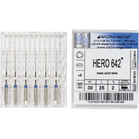 Hero 642 (25 mm) (2 %) (ISO 30), Gyökércsatorna reszelő (gépi), Könyökdarab (CA, Ø 2,35 mm, ISO 204) ISO 30 forgó, ISO színkódolt, Nikkel-titán, 25 mm, 6 darab