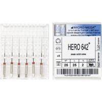 Hero 642 (25 mm) (2 %) (ISO 25), Gyökércsatorna reszelő (gépi), Könyökdarab (CA, Ø 2,35 mm, ISO 204) ISO 25 forgó, ISO színkódolt, Nikkel-titán, 25 mm, 6 darab