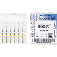 Hero 642 (25 mm) (2 %) (ISO 20), Gyökércsatorna reszelő (gépi), Könyökdarab (CA, Ø 2,35 mm, ISO 204) ISO 20 forgó, ISO színkódolt, Nikkel-titán, 25 mm, 6 darab