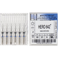 Hero 642 (21 mm) (6 %) (ISO 30), Gyökércsatorna reszelő (gépi), Könyökdarab (CA, Ø 2,35 mm, ISO 204) ISO 30 forgó, ISO színkódolt, Nikkel-titán, 21 mm, 6 darab