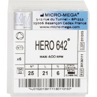 Hero 642 (21 mm) (6 %) (ISO 25), Gyökércsatorna reszelő (gépi), Könyökdarab (CA, Ø 2,35 mm, ISO 204) ISO 25 forgó, ISO színkódolt, Nikkel-titán, 21 mm, 6 darab