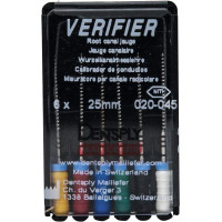 Verifier (Test eszköz) (25 mm) (4 %) (ISO 20-45), Fogantyú - műanyag ISO 20-45 autoklávozható, ISO színkódolt, Nikkel-titán, 25 mm, 6 darab