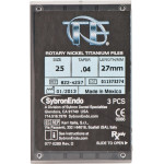 TF (Twisted Files) (27 mm) (4 %) (ISO 25), Gyökércsatorna reszelő (gépi), Könyökdarab (CA, Ø 2,35 mm, ISO 204) ISO 25 forgó, ISO színkódolt, Nikkel-titán, 27 mm, 3 darab