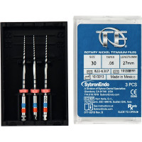TF (Twisted Files) (27 mm) (6 %) (ISO 30), Gyökércsatorna reszelő (gépi), Könyökdarab (CA, Ø 2,35 mm, ISO 204) ISO 30 forgó, ISO színkódolt, Nikkel-titán, 27 mm, 3 darab