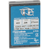 TF (Twisted Files) (27 mm) (4 %) (ISO 40), Gyökércsatorna reszelő (gépi), Könyökdarab (CA, Ø 2,35 mm, ISO 204) ISO 40 forgó, ISO színkódolt, Nikkel-titán, 27 mm, 3 darab