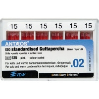 Guttapercha-csúcs (#525) (28 mm) (2 %) (ISO 15), ISO 15 rózsaszín, röntgenopák, Guttapercha, 28 mm, 120 darab