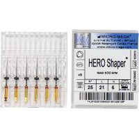 Hero Shaper ( Classics ) (21 mm) (6 %) (ISO 25), Gyökércsatorna reszelő (gépi), Könyökdarab (CA, Ø 2,35 mm, ISO 204) ISO 25 forgó, ISO színkódolt, Nikkel-titán, 21 mm, 6 darab