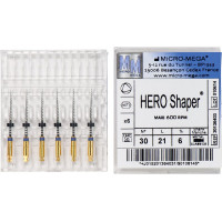 Hero Shaper ( Classics ) (21 mm) (6 %) (ISO 30), Gyökércsatorna reszelő (gépi), Könyökdarab (CA, Ø 2,35 mm, ISO 204) ISO 30 forgó, ISO színkódolt, Nikkel-titán, 21 mm, 6 darab
