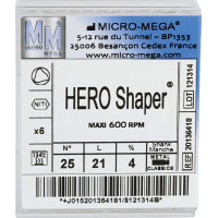 Hero Shaper ( Classics ) (21 mm) (4 %) (ISO 25), Gyökércsatorna reszelő (gépi), Könyökdarab (CA, Ø 2,35 mm, ISO 204) ISO 25 forgó, ISO színkódolt, Nikkel-titán, 21 mm, 6 darab