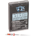 TF (Twisted Files) (27 mm) (6 %) (ISO 25), Gyökércsatorna reszelő (gépi), Könyökdarab (CA, Ø 2,35 mm, ISO 204) ISO 25 forgó, ISO színkódolt, Nikkel-titán, 27 mm, 3 darab