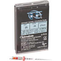 TF (Twisted Files) (27 mm) (6 %) (ISO 25), Gyökércsatorna reszelő (gépi), Könyökdarab (CA, Ø 2,35 mm, ISO 204) ISO 25 forgó, ISO színkódolt, Nikkel-titán, 27 mm, 3 darab