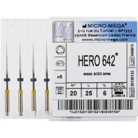 Hero 642 (25 mm) (6 %) (ISO 20), Gyökércsatorna reszelő (gépi), Könyökdarab (CA, Ø 2,35 mm, ISO 204) ISO 20 forgó, ISO színkódolt, Nikkel-titán, 25 mm, 6 darab